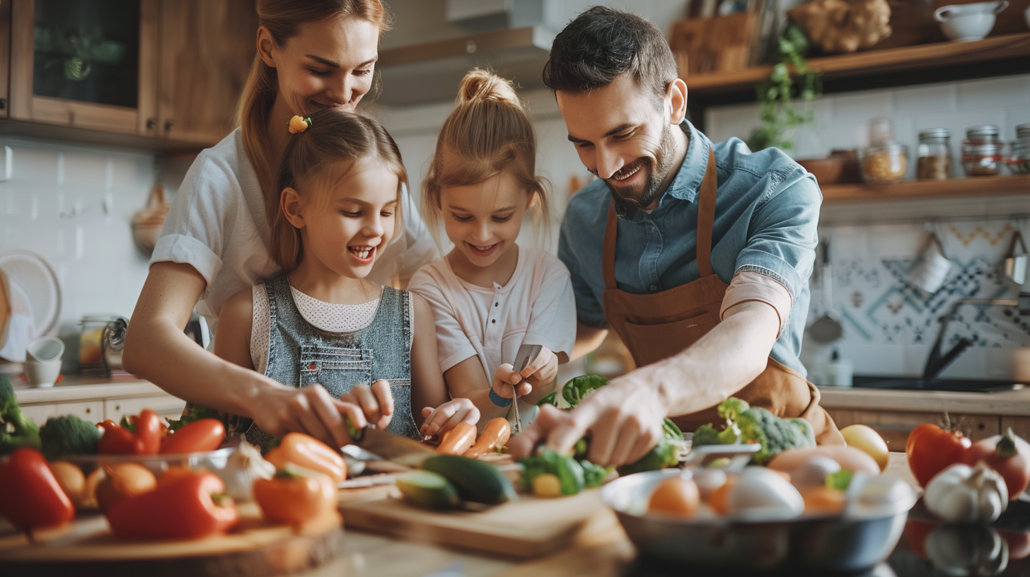 Сім'я готує здорову їжу разом